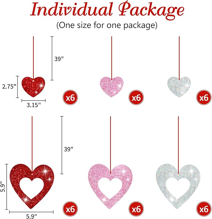 36 Pcs Valentine's Day Decorations Glitter Heart Hanging Swirls - No DIY Red Pink Silver Heart Hanging Decorations Party Decoration Swirls Ornaments for Valentines Day Party Supplies Decorations