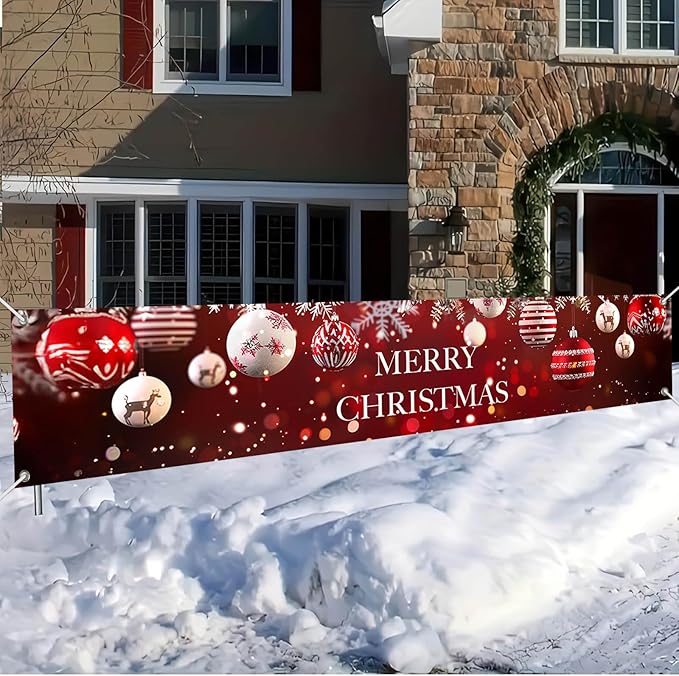 Merry Christmas Decorations Banner Polyester Fabric Ornaments Tree Branches Glitter Design for Indoor Outdoor Garden Fence Banner Outdoor Porch sign 118x20 Inch Party Supplies