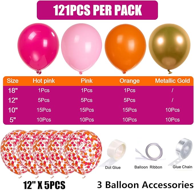 Pink Orange Balloon Arch Balloon Garland Kit Hot Pink Gold Confetti Globos Magenta Stuff For Summer Tropical Luau,Groovy Bachelorette, Sunset Baby Shower,Graduation Party Decorations