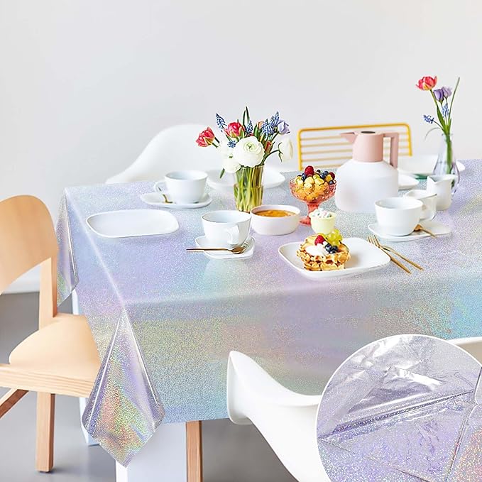 1 Pack Silver Iridescent Plastic Tablecloth Disposable 54 × 108 Inch Glitter Holographic Foil Table Cloth Plastic Laser Rectangle Table Cover for Birthday Wedding Disco Party