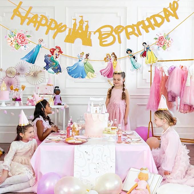 Gold Princess Birthday Banner for Girls, Princess Birthday Party Decoration For Girls Kids Party Baby Shower Decorations