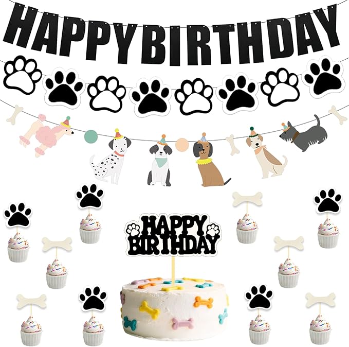 Dog Themed Puppy Paw Cake Toppe Happy Birthday Party Banner for Girls & Women DIY Party Supplies (Banner+Cake Topper)