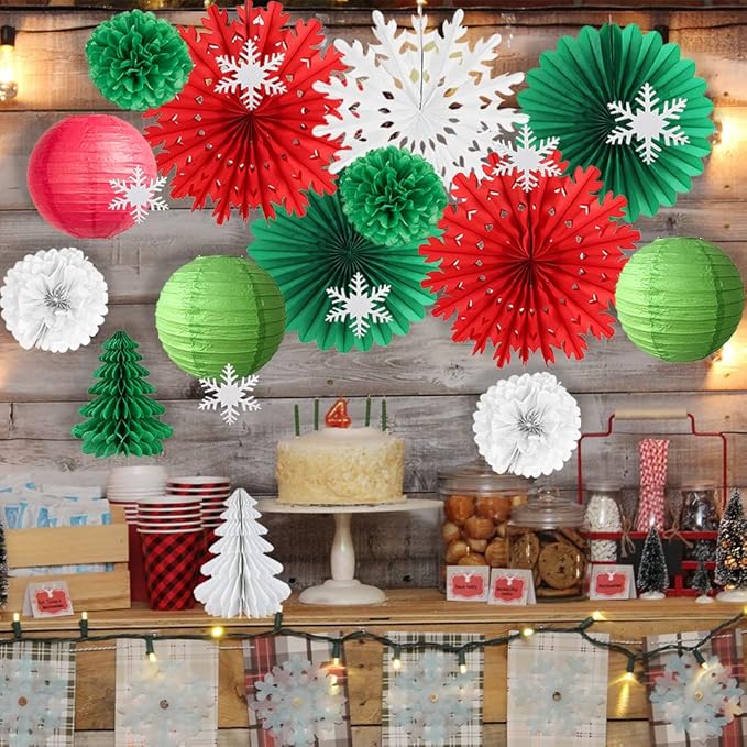 Christmas Party Decorations Indoor Red White and Green Christmas Decorations Hanging Paper Snowflakes Fans Paper Tree for Bridal Shower Baby Shower Birthday Party