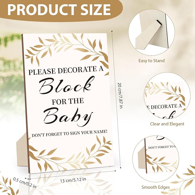 Baby Shower Games Sign Kit with 50 Blank Wooden Baby Blocks, 24 Acrylic Paint Marker and Wooden Sign, Blocks for Baby Shower Games, Gender Reveals Party(Gold)