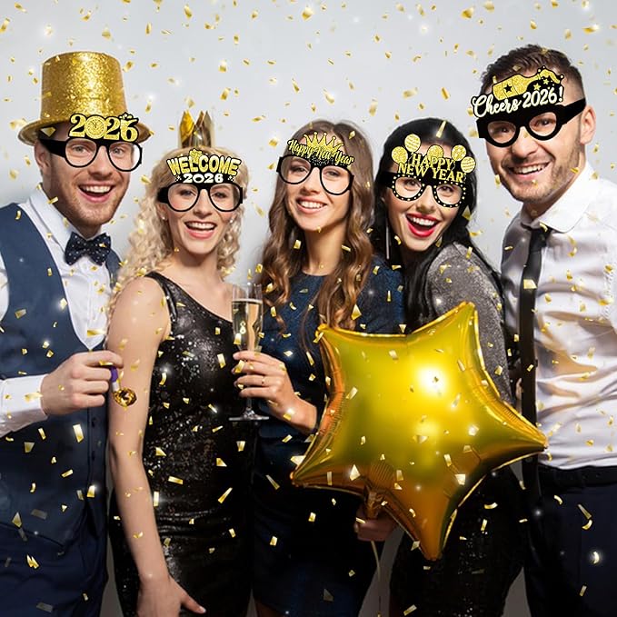 12PCS New Year Glasses, Funny New Years Eve Party Paper Glasses Photo Booth Props 2026 Eyeglasses Frames for NYE Party Supplies Decorations 2026