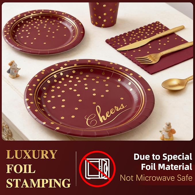 OuMuaMua Maroon Gold Paper Plates and Napkins Party Supplies for 24 Guests, 168 Pcs Burgundy Disposable Plates with Utensils Set for Maroon and Gold Graduation Birthday Party Decorations
