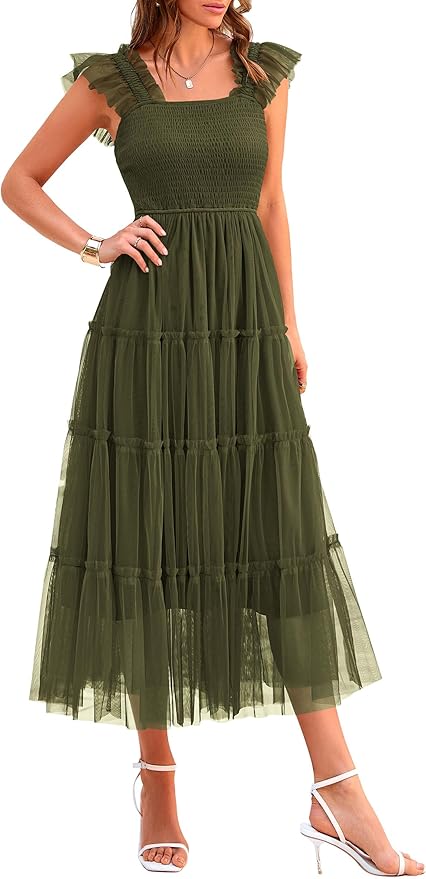 PRETTYGARDEN Women's Summer Tulle Midi Dress Sleeveless Smocked Ruffle Flowy Mesh Dresses Party Wedding Guest Sundress