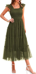 PRETTYGARDEN Women's Summer Tulle Midi Dress Sleeveless Smocked Ruffle Flowy Mesh Dresses Party Wedding Guest Sundress