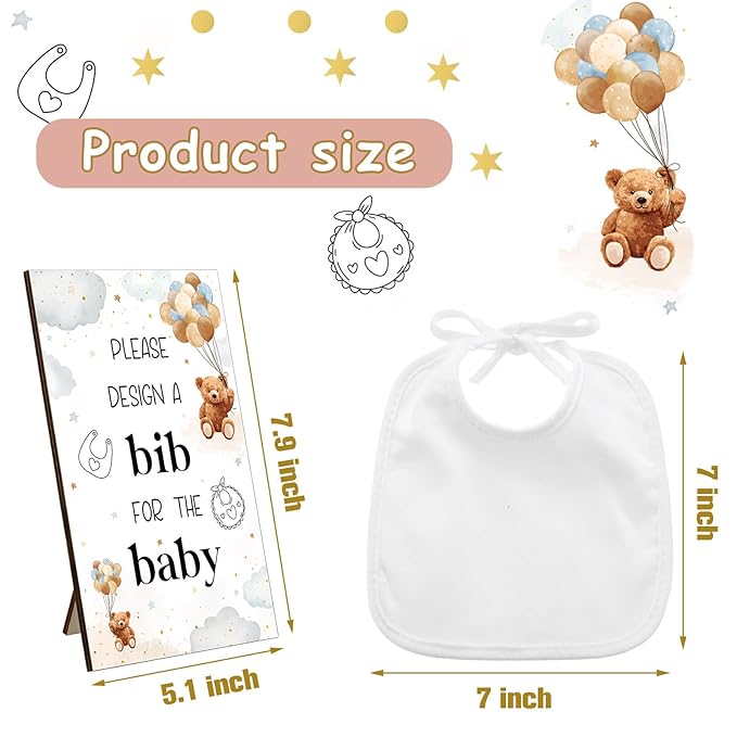 Panitay 43 Pcs Baby Shower Games White Bibs Design, Include Wooden Baby Shower Game Sign, 30 DIY Blank White Bibs, 12 Markers for Gender Reveal Party Decorating Supplies(Bear)