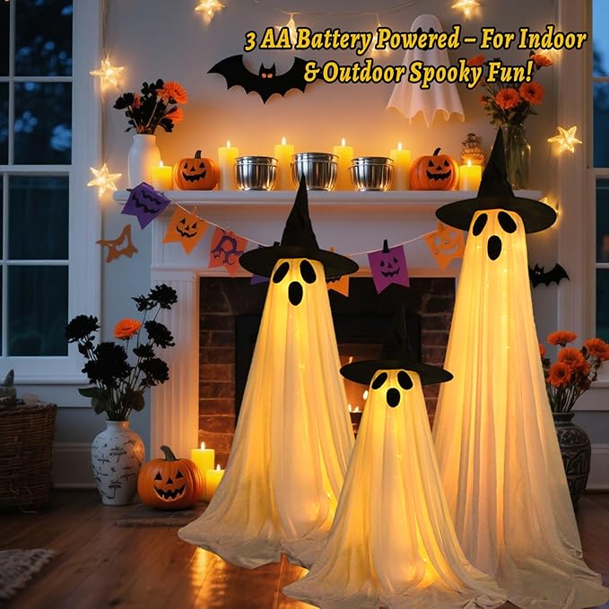 3 Pack Ghost Halloween Decorations Outdoor, Light Up Ghost Decorations with 8 Modes & Timer, Battery Operated Halloween Lights Ghost Decor Indoor Outdoor Room Front Yard, Porch, Haunted House Party