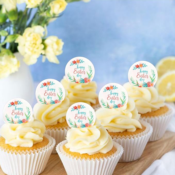Ercadio 40Pcs Edible Circle Happy Easter Day Cupcake Drink Toppers Round Floral Easter Cupcake Picks for Easter Baby Shower Spring Birthday Party Cake Decorations Supplies