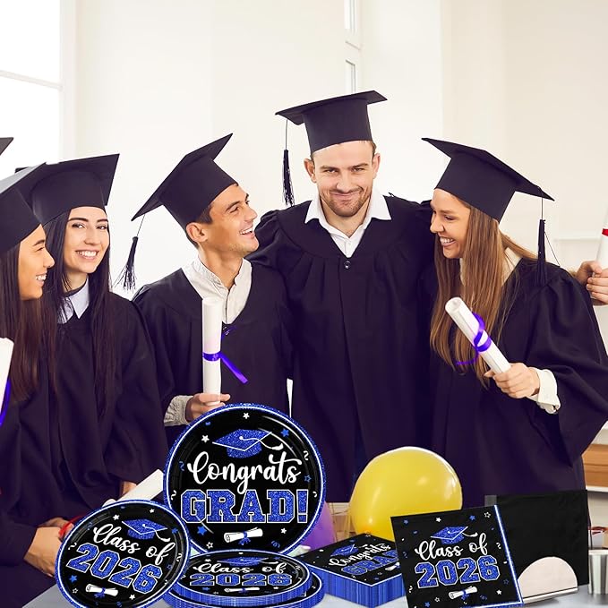 Black and Blue Graduation Decorations 2026,200pcs Blue Graduation Plates and Napkins Congrats Grad Class Of 2026 Plates and Napkins for Graduation Party Supplies ,Serve 50