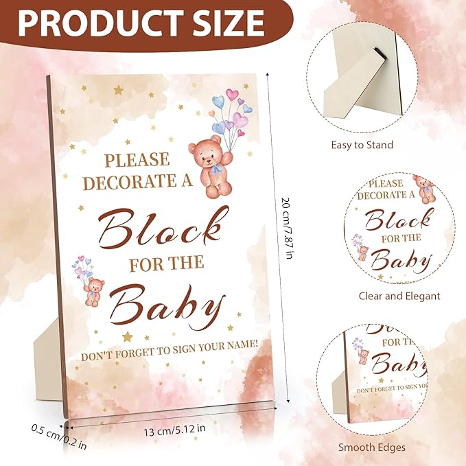 Baby Shower Games Sign Kit with 50 Blank Wooden Baby Blocks, 24 Acrylic Paint Marker and Wooden Sign, Blocks for Baby Shower Games, Gender Reveals Party(Bear)