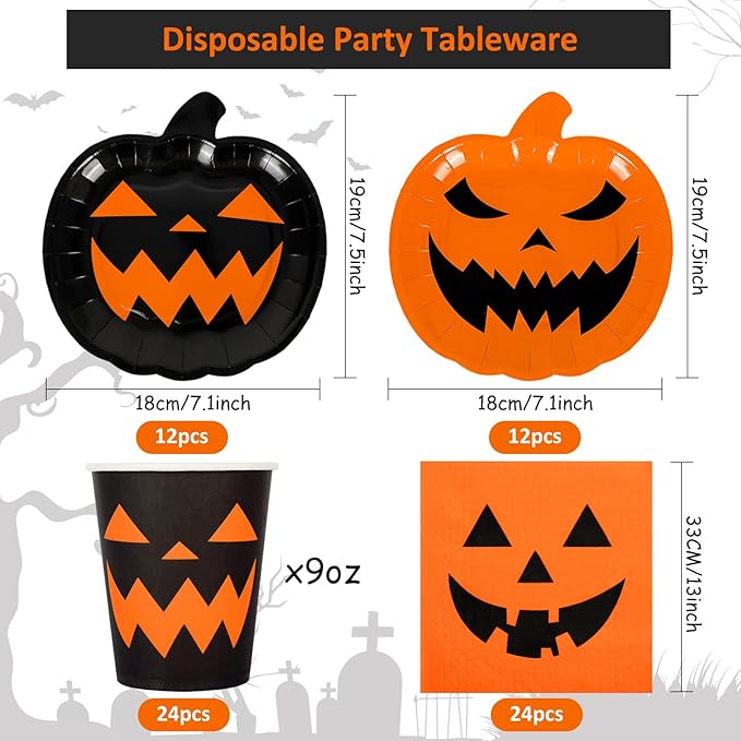 72Pcs Halloween Party Dinnerware Set Orange Black Pumpkin Themed Paper Plates Cups Napkins Halloween Disposable Tableware Party Supplies for Spooky Themed Party Birthday, Serves 24 Guests