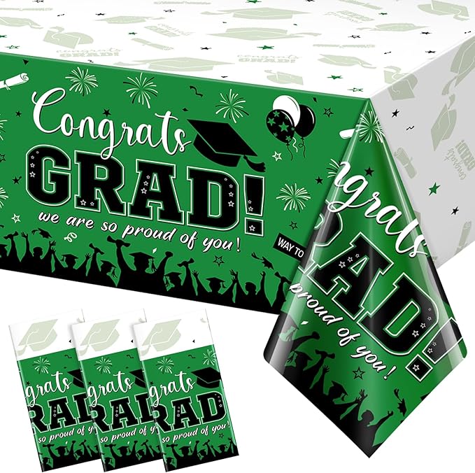 3 Pack Graduation Tablecloth Party Decorations, Class of 2026 Congrats Grad Plastic Tablecover Party Supplies, Green Rectangle Graduation Table Decorations for College High School Party, 54 x 108 Inch