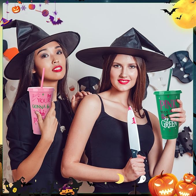 12 Pcs Pink Green Plastic Cups with Lids and Straws 24 oz Reusable Tumbler for Witch Princess Enchanted Theme Parties Birthdays Bachelor Party Decoration