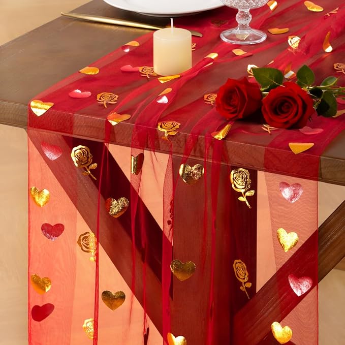 Socomi Valentine's Day Rose & Heart Table Runner Gold Gauze Sheer Romantic Sequin 10FT Glitter Metallic Foil Dining Wedding Birthday Party Baby Shower Holiday Centerpiece Table Decor 3pcs Red