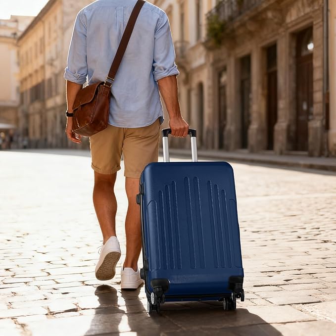 Karl home 24in Checked Luggage with TSA Lock, ABS Hardshell Check-in Suitcase with Spinner Wheels, Durable Medium Suitcase Rolling Luggage for Business Travel, Navy Blue