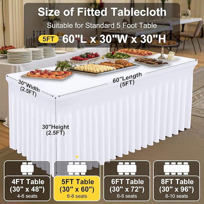 Smiry Spandex Tablecloth, Elastic Fitted Stretch Tablecloth for 5FT Rectangle Tables, Waterproof Washable Table Cover Skirt for Outdoor, Wedding, Banquet & Parties (White, 60Lx30Wx30H Inch)