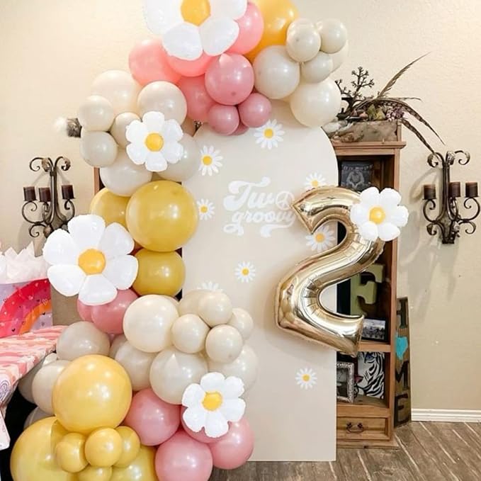 Daisy Balloon Garland Arch Kit,Retro Yellow Pink White Gold Hippie Boho Balloons Garland Daisy Flower Balloons For Birthday Baby Shower Bridal Wedding Groovy Daisy Party Decorations