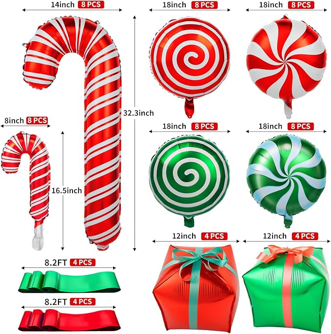 64Pcs Christmas Balloons Kit, Candy Cane Foil Balloons with Ribbons, Red Green Mylar Balloon for Party Decorations