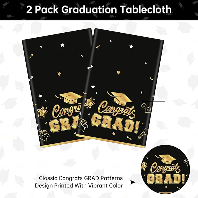 2 Pack Graduation Tablecloth - Congrats Grad Table Cloths, Plastic Disposable Rectangle Black Gold Class of 2026 Table Cover for Graduation Tables Decorations Party Decor Supplies Favors,108 x 54 Inch