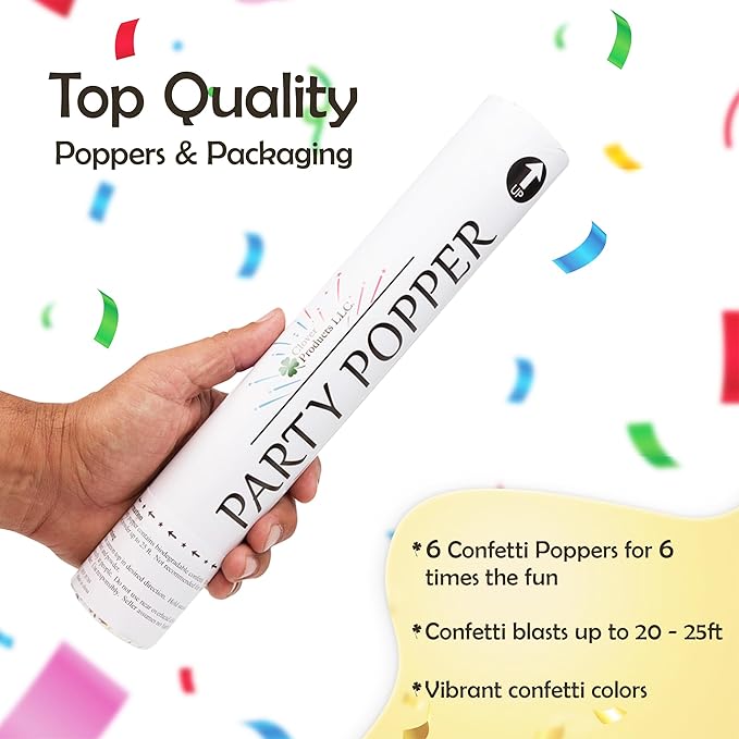 12" Biodegradable Confetti Cannons | 6 Pack Confetti Poppers for Weddings, Birthdays & Parties | Air-Powered Party Poppers Shoot 25 Feet | Safe for Indoor & Outdoor