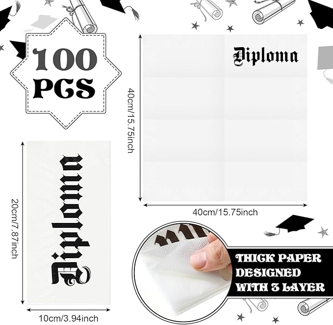100 Set Graduation Diploma Guest Napkins Red Black and White Rolled Silverware Disposable Grad Award Dinner Napkin with Ribbon and Scissors for Celebration(diploma, Black, 100 Pcs)