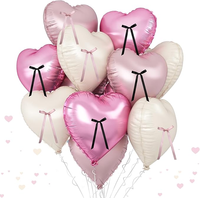 Pink White Heart Balloons with Ribbon Bow, 12 Pcs Pastel Baby Pink Cream Heart Shape Foil Balloon, 18 Inch Helium Balloon with Bow Decor for Girls Birthday Baby Shower Bridal Wedding Coquette Party