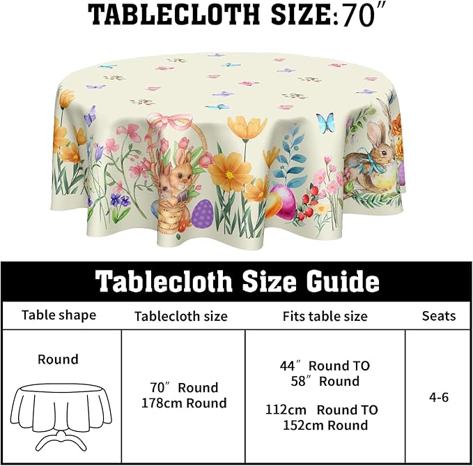 Easter Bunny Round Tablecloth 70 Inch Rabbit Tablecloth Spring Farmhouse Floral Table Cover Butterfly Table Cloth for Dining Kitchen Holiday Party Decor