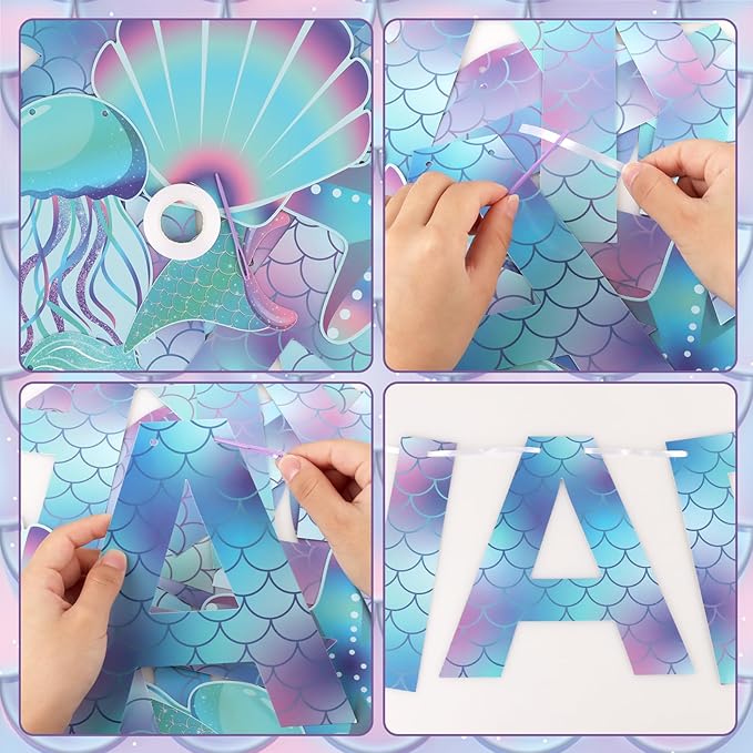 Mermaid Birthday Banner Sign, Mermaid Happy Birthday Bunting Banner Flag Garland for Girls Kids Baby Party, Baby Shower Decorations Supplies