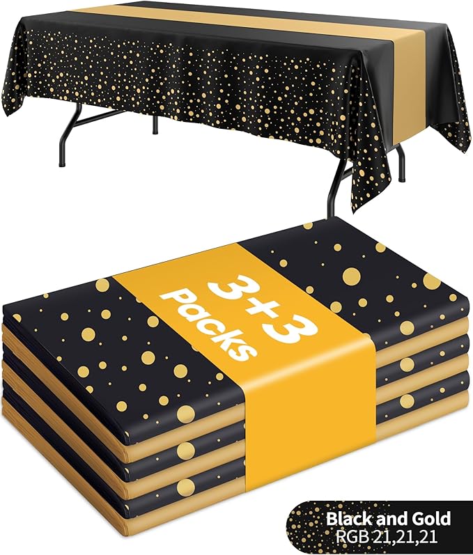 Graduation Decorations Table Cloth for Rectangle Table and Table Runner Set - 3+3 Pack, Black and Gold Plastic Tablecloth Disposable for Birthday, Wedding, Baby Shower, New Year