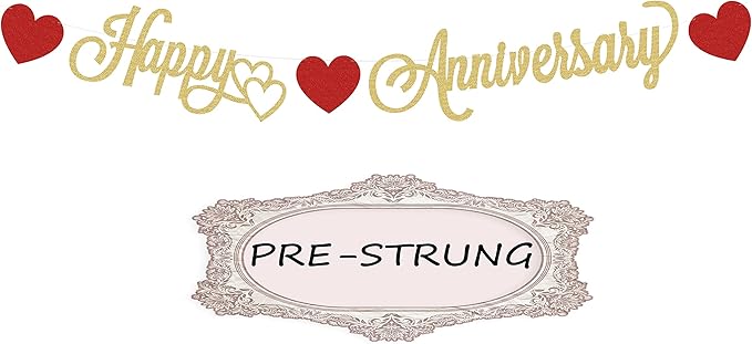 Pre-Strung Happy Anniversary Banner - Gold Glitter Decorations, Perfect for Wedding & Work Anniversary Parties, Photo Booth Props