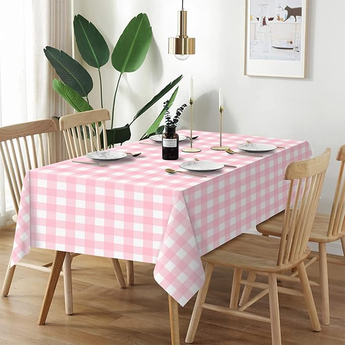 QIKSION Pink Gingham Tablecloth Disposable 6 Pack, 54 x 108 Inch Pink and White Checkered Table Cloth for Baby Shower, Easter, Mothers Day Decorations, Birthday Party, Rectangle, Plastic Table Cover