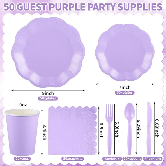 350 Pcs Light Purple Party Supplies Include Scalloped Plate Napkin Cup Forks Knives, Plastic Cutlery 50 Guest Disposable Party Tableware Set for Wedding Baby Shower Birthday Party