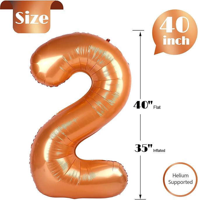Orange 2 Balloon, Number Balloons 40 Inch, Two Balloons Number Birthday Decorations, Second 2nd Birthday Party Supplies, Number 2 Balloon