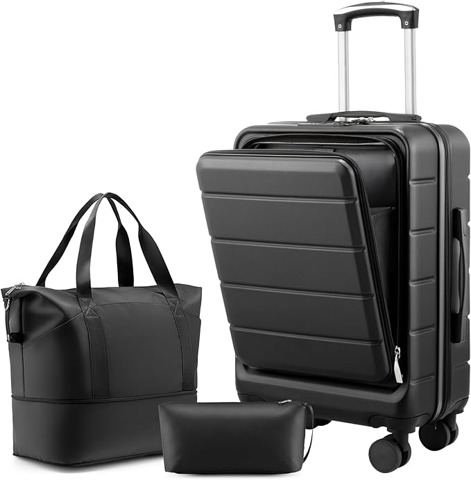 YOETEY Carry On Luggage 22x14x9 Airline Approved, 20" Hardside Suitcase with Front Pocket for Laptop, Lightweight Spinner Luggage with TSA Lock & Matching Tote Bag (3 Piece Sets, Black)