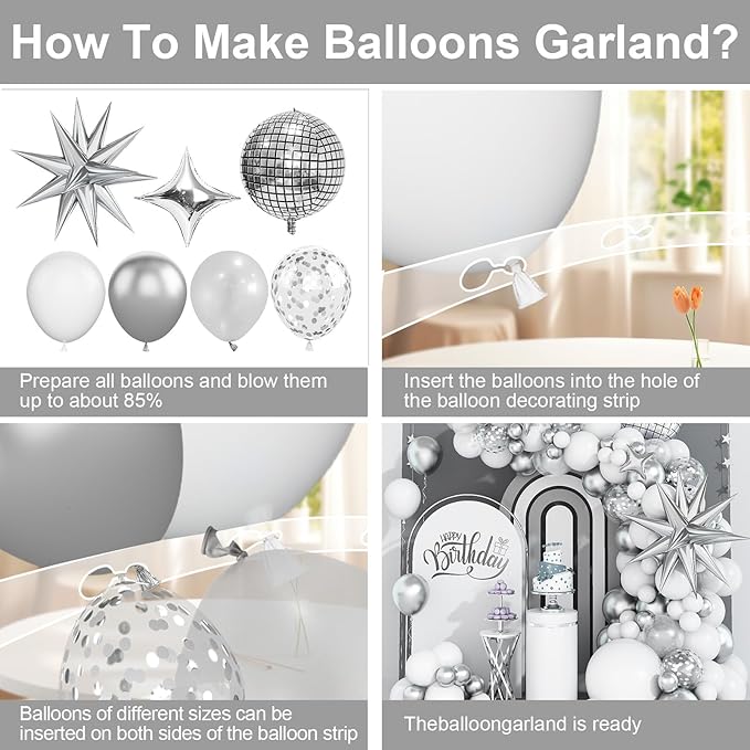 White and Silver Balloon Arch Garland Kit,White Silver Star Confetti Metallic Balloon Decoration with 18 Inch 4D Disco Silver Foil Balloon for Birthday Baby Shower Wedding Anniversary Party Decor