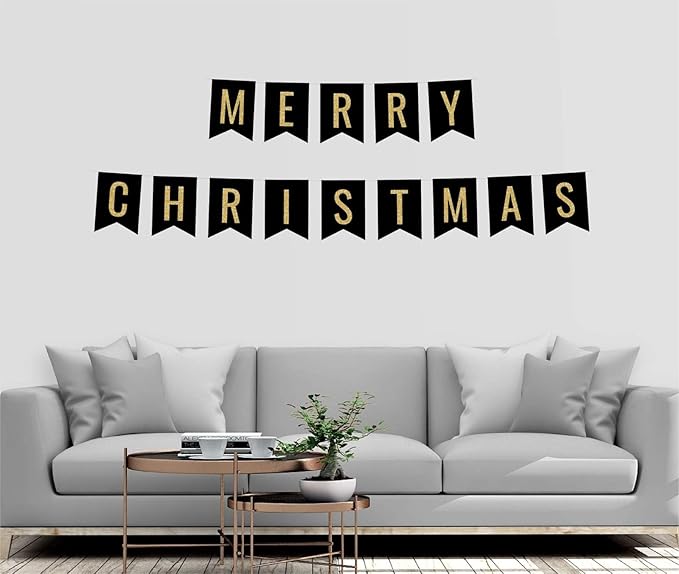 Andaz Press Faux Gold Glitter on Black Party Banner Decorations, Merry Christmas, Approx 5-Feet, 1-Set, Going Away Study Abroad Graduation Retirement Colored Hanging Pennant Decor