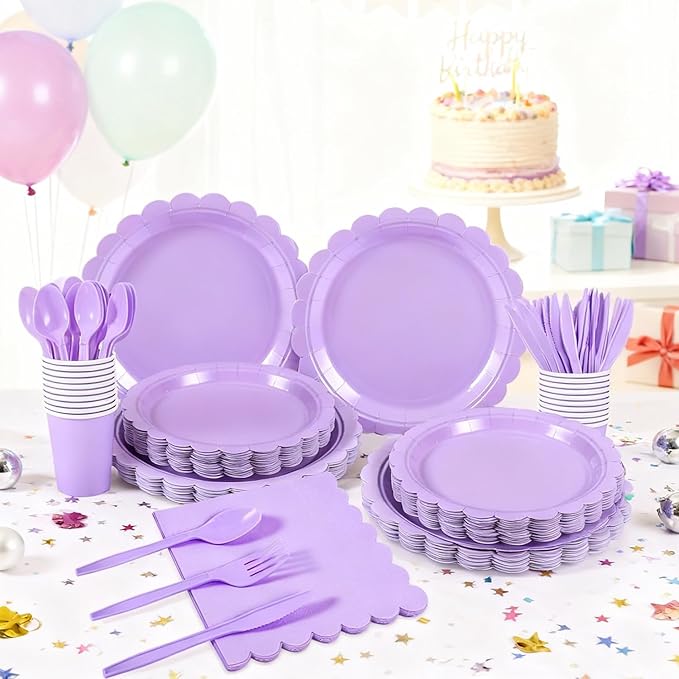 176 PCS Purple Party Decorations - Light Purple Scalloped Plates, Napkins, Cups, Cutlery, Tablecloth for Baby Shower, Wedding, Lavender Birthday Decorations, Serves 25