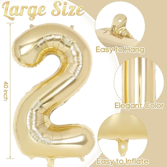 Light Gold Number 2 Balloon 40 Inch, Big Large Foil Helium White Gold Number Balloons, Giant Mylar Number 2 Balloons for 2 Year Old Birthday Party Decorations Supplies Anniversary
