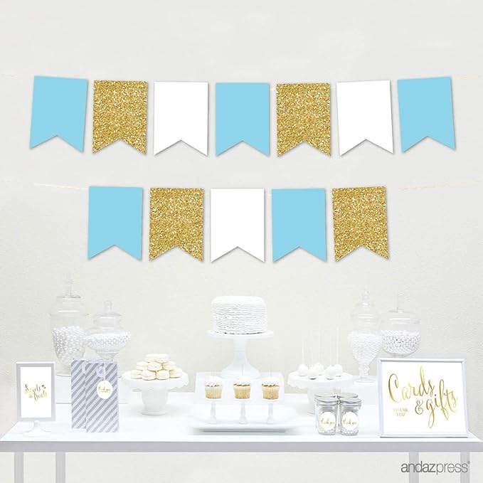 Andaz Press Hanging Pennant Banner with String, Baby Blue, White, Faux Gold Glitter, 1-Set, 24 Pennants, Approx. 12-Feet Long, Boy's 1st Birthday Baptism Communion Theme Colored Supplies