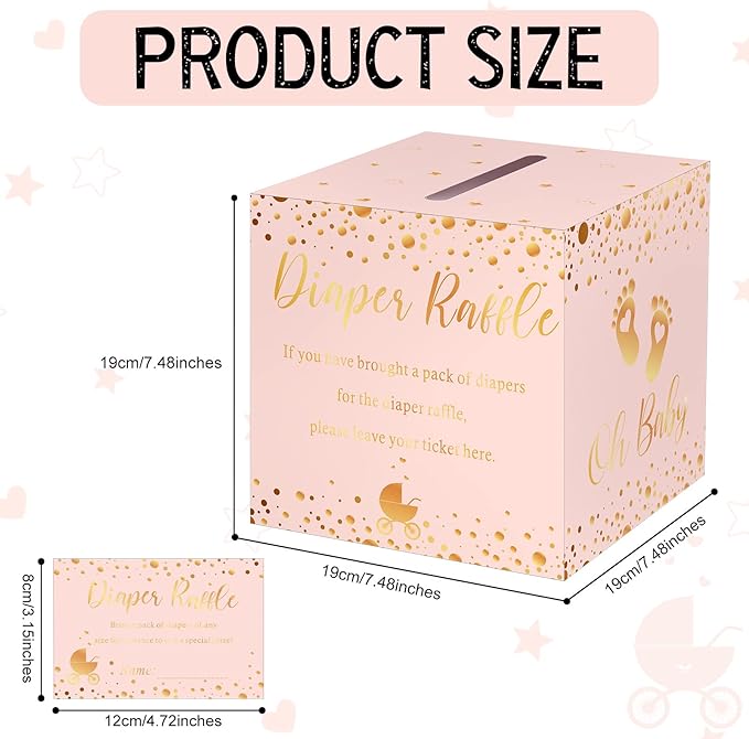 Funrous 51 Diaper Raffle Tickets with Box for Baby Shower Game Invitations Diaper Raffle Card for Gender Reveal Baby Shower Party Decoration Table Centerpiece(Rose Gold)