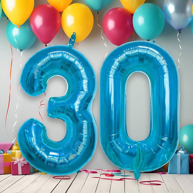 40 Inch Large Blue Number Celebration and Decoration Balloon for Birthday Parties, Graduations, Anniversaries, Weddings, Photo Shoots, Special Events - Helium Foil Mylar (Blue Number 30)