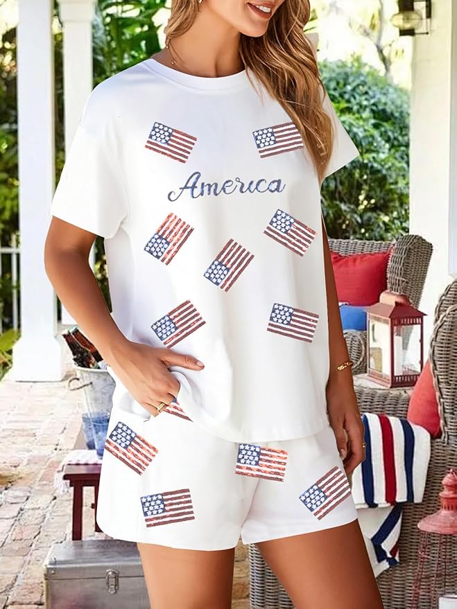 VILOVE 4th of July 2 Piece Sequin Outfits Women 250 Anniversary Usa Shirts and Short Sets Casual Patriotic Shirt Summer Set