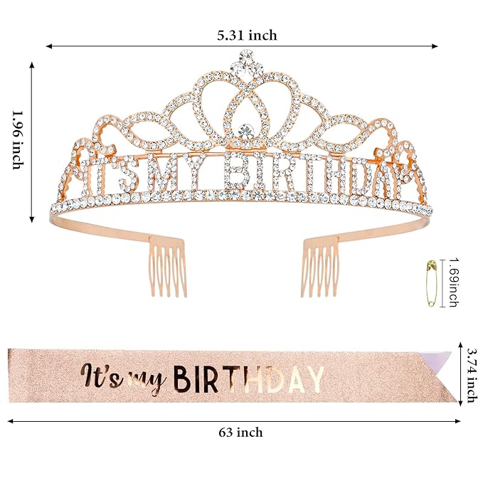 CAVETEE Birthday Crowns for Women - Its My Birthday Sash and Crown Set for Adult Women - Rose Gold