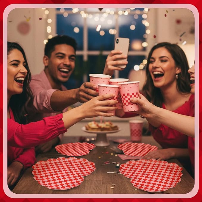 Zhehao 96 Pcs Valentine's Day Party Supplies Set for 24 Guests Red Checked Heart Plates 9 oz Cups Napkins for Valentine Romantic Dinners Wedding Anniversaries Celebrations
