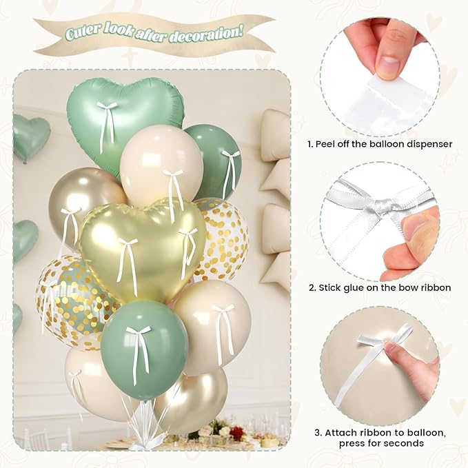 Sage Green and Gold Heart Balloons, 38 Inch Bow Balloons, Sage Green Sand White Champagne Gold Confetti Balloon and Bow Heart Shaped Foil Balloon for Birthday Wedding Baby Shower Valentines Decor