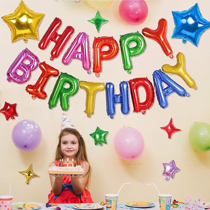 Rainbow Birthday Balloons Banner, 3D Mylar Foil Happy Birthday Balloons, 26pcs Birthday Party Decorations with 8pcs Star Balloons for Kids Girls Boys Women Adults Birthday Party Supplies
