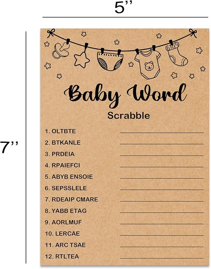 Baby Shower Game, Baby Word Scrabble Game Cards, Baby Shower Party Games Supplies & Activities, Party Activities Ideas Supplies, Baby Shower Ideas, 30 Game Cards Included, Kraft